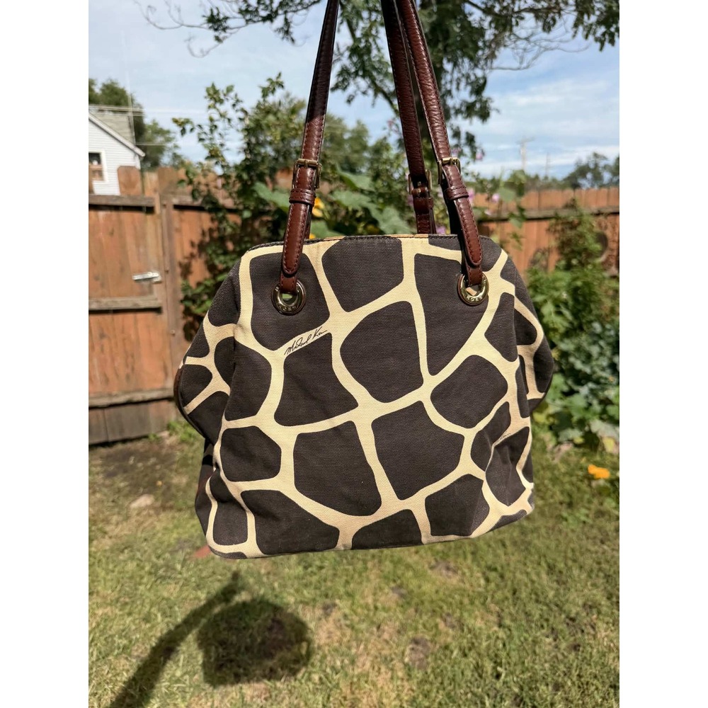 Michael Kors Giraffe Print Canvas Tote Bag Brown Leather Trim Animal Handbag